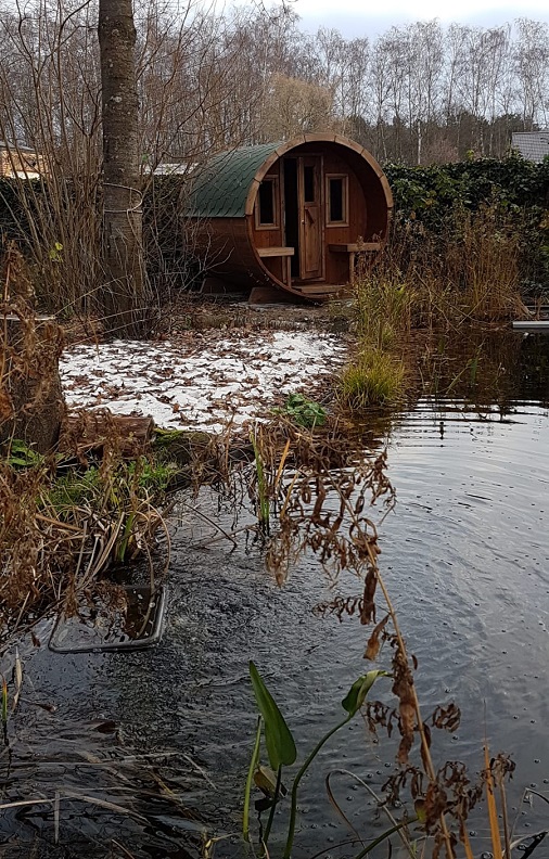 sauna tonneau avec étang